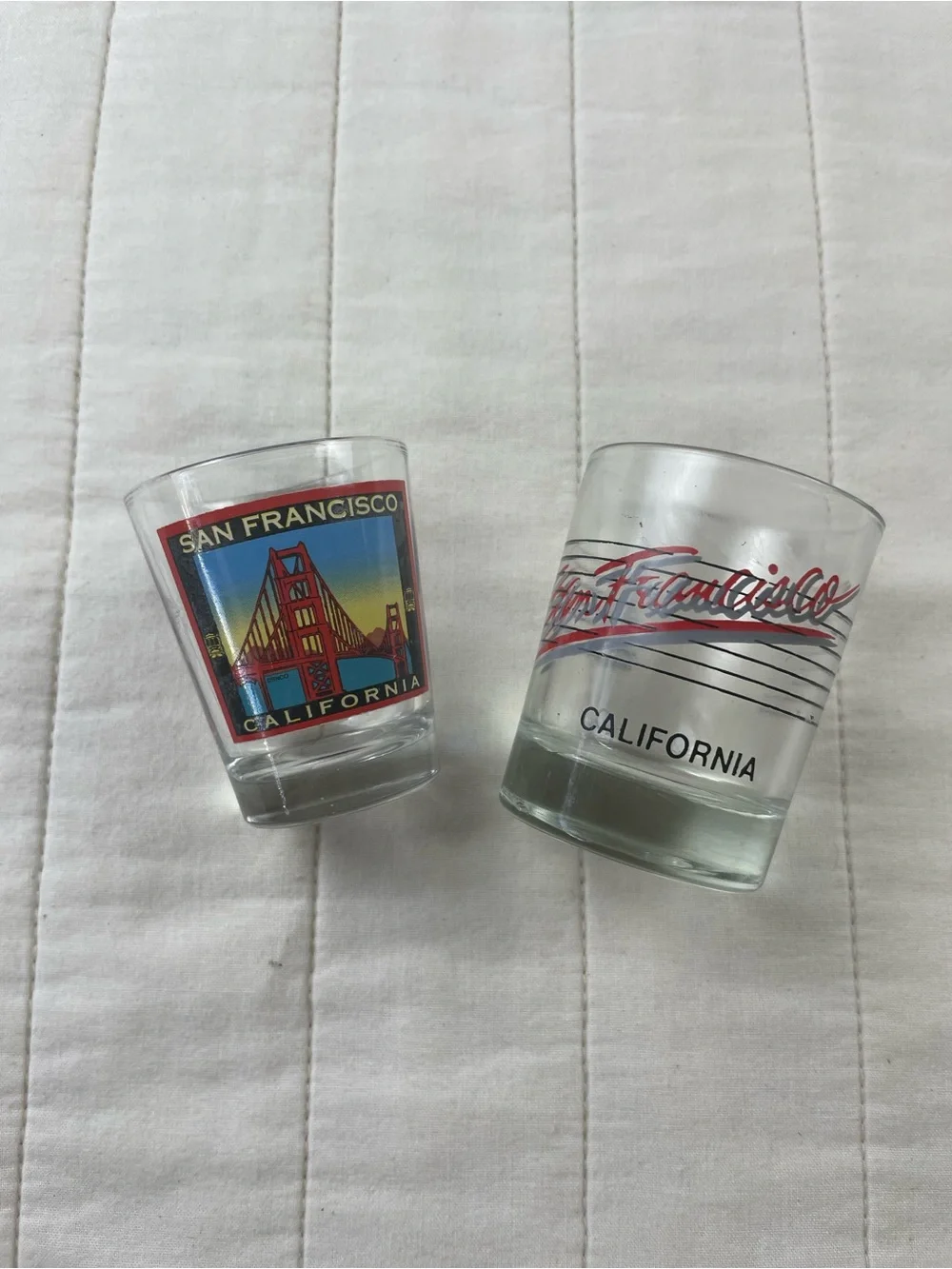 San Francisco California Shot Glasses Clear Glass with Red & Blue Graphics